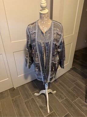 Lightweight Gray Embellished Open-Front Shirt Jacket